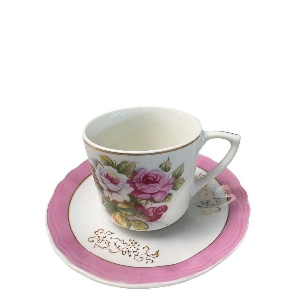 Vintage Japan Pink Rose Tea Cup & Saucer Set Gold Trim Floral